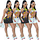 Sexy Ink Print Summer Clothes Criss Cross Halter Bandage Crop Top Skinny Shorts Women Two Piece Set WSM-5247