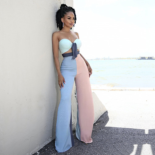 Sexy Contrast Color Striped Bow Tie Strapless Crop Top Loose Flared Pants Summer Womens Two Piece Set ASL-6379