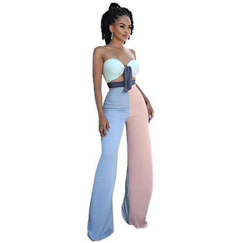 Sexy Contrast Color Striped Bow Tie Strapless Crop Top Loose Flared Pants Summer Womens Two Piece Set ASL-6379