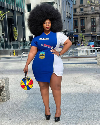 Summer Women's Clothing Plus Size Pattern Print Short Sleeve O-Neck Asymmetric Patchwork Midi Dress HEJ-6066