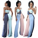 Sexy Contrast Color Striped Bow Tie Strapless Crop Top Loose Flared Pants Summer Womens Two Piece Set ASL-6379