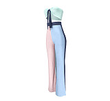 Sexy Contrast Color Striped Bow Tie Strapless Crop Top Loose Flared Pants Summer Womens Two Piece Set ASL-6379