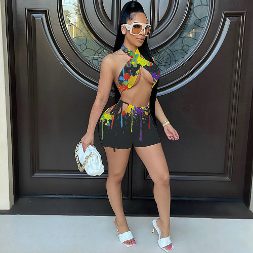 Sexy Ink Print Summer Clothes Criss Cross Halter Bandage Crop Top Skinny Shorts Women Two Piece Set WSM-5247