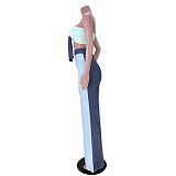 Sexy Contrast Color Striped Bow Tie Strapless Crop Top Loose Flared Pants Summer Womens Two Piece Set ASL-6379