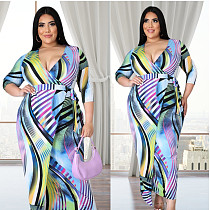 Plus Size Summer Clothing Vintage Pattern Print Half Sleeve Deep V Neck Bandage Women Streetwear Maxi Dress JLY-19204