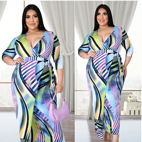 Plus Size Summer Clothing Vintage Pattern Print Half Sleeve Deep V Neck Bandage Women Streetwear Maxi Dress JLY-19204
