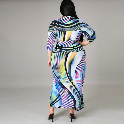 Plus Size Summer Clothing Vintage Pattern Print Half Sleeve Deep V Neck Bandage Women Streetwear Maxi Dress JLY-19204