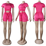 Casual Summer Solid Color Short Sleeve O Neck Drawstring Crop Tops Sports Slim Shorts Fitness 2 Piece Set FSX-272
