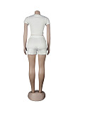 Casual Summer Solid Color Short Sleeve O Neck Drawstring Crop Tops Sports Slim Shorts Fitness 2 Piece Set FSX-272
