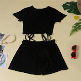 Casual Summer Solid Color Short Sleeve O Neck Drawstring Crop Tops Sports Slim Shorts Fitness 2 Piece Set FSX-272