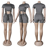 Casual Summer Solid Color Short Sleeve O Neck Drawstring Crop Tops Sports Slim Shorts Fitness 2 Piece Set FSX-272