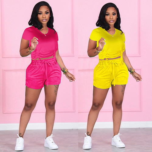 Casual Summer Solid Color Short Sleeve O Neck Drawstring Crop Tops Sports Slim Shorts Fitness 2 Piece Set FSX-272