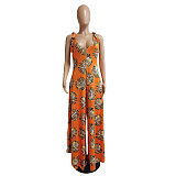 Women's Sleeveless Casual Floral Print Elegant Deep V Neck Boho Straps Loose Wide Leg Plus Size Summer Jumpsuit DY-6660