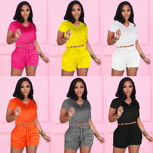Casual Summer Solid Color Short Sleeve O Neck Drawstring Crop Tops Sports Slim Shorts Fitness 2 Piece Set FSX-272