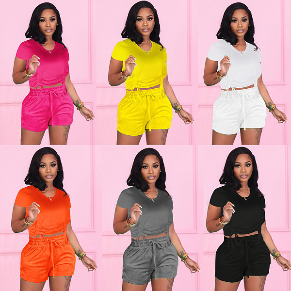 Casual Summer Solid Color Short Sleeve O Neck Drawstring Crop Tops Sports Slim Shorts Fitness 2 Piece Set FSX-272