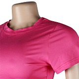 Casual Summer Solid Color Short Sleeve O Neck Drawstring Crop Tops Sports Slim Shorts Fitness 2 Piece Set FSX-272