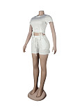 Casual Summer Solid Color Short Sleeve O Neck Drawstring Crop Tops Sports Slim Shorts Fitness 2 Piece Set FSX-272