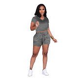 Casual Summer Solid Color Short Sleeve O Neck Drawstring Crop Tops Sports Slim Shorts Fitness 2 Piece Set FSX-272