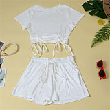 Casual Summer Solid Color Short Sleeve O Neck Drawstring Crop Tops Sports Slim Shorts Fitness 2 Piece Set FSX-272