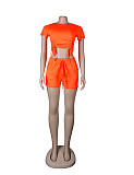 Casual Summer Solid Color Short Sleeve O Neck Drawstring Crop Tops Sports Slim Shorts Fitness 2 Piece Set FSX-272