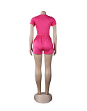 Casual Summer Solid Color Short Sleeve O Neck Drawstring Crop Tops Sports Slim Shorts Fitness 2 Piece Set FSX-272