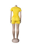 Casual Summer Solid Color Short Sleeve O Neck Drawstring Crop Tops Sports Slim Shorts Fitness 2 Piece Set FSX-272
