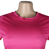 Casual Summer Solid Color Short Sleeve O Neck Drawstring Crop Tops Sports Slim Shorts Fitness 2 Piece Set FSX-272