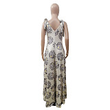 Women's Sleeveless Casual Floral Print Elegant Deep V Neck Boho Straps Loose Wide Leg Plus Size Summer Jumpsuit DY-6660
