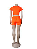Casual Summer Solid Color Short Sleeve O Neck Drawstring Crop Tops Sports Slim Shorts Fitness 2 Piece Set FSX-272