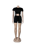 Casual Summer Solid Color Short Sleeve O Neck Drawstring Crop Tops Sports Slim Shorts Fitness 2 Piece Set FSX-272
