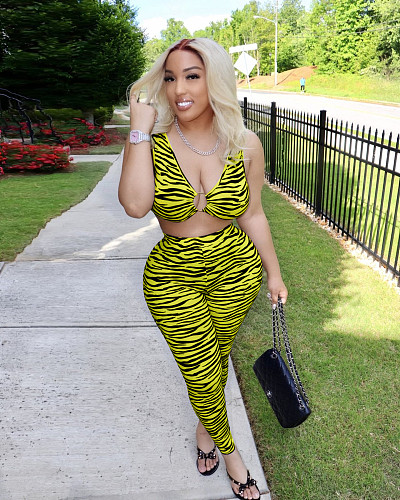 Sexy Animal Zebra Print Summer Women Sleeveless Crop Top Bra High Waist Leggings Streetwear Two Piece Set ZS-0399