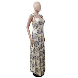 Women's Sleeveless Casual Floral Print Elegant Deep V Neck Boho Straps Loose Wide Leg Plus Size Summer Jumpsuit DY-6660