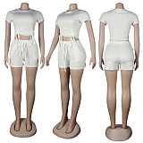 Casual Summer Solid Color Short Sleeve O Neck Drawstring Crop Tops Sports Slim Shorts Fitness 2 Piece Set FSX-272
