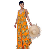 Women's Sleeveless Casual Floral Print Elegant Deep V Neck Boho Straps Loose Wide Leg Plus Size Summer Jumpsuit DY-6660