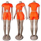 Casual Summer Solid Color Short Sleeve O Neck Drawstring Crop Tops Sports Slim Shorts Fitness 2 Piece Set FSX-272