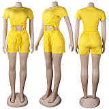 Casual Summer Solid Color Short Sleeve O Neck Drawstring Crop Tops Sports Slim Shorts Fitness 2 Piece Set FSX-272