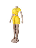 Casual Summer Solid Color Short Sleeve O Neck Drawstring Crop Tops Sports Slim Shorts Fitness 2 Piece Set FSX-272