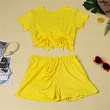 Casual Summer Solid Color Short Sleeve O Neck Drawstring Crop Tops Sports Slim Shorts Fitness 2 Piece Set FSX-272