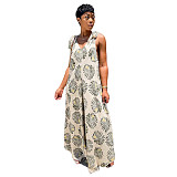 Women's Sleeveless Casual Floral Print Elegant Deep V Neck Boho Straps Loose Wide Leg Plus Size Summer Jumpsuit DY-6660