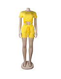 Casual Summer Solid Color Short Sleeve O Neck Drawstring Crop Tops Sports Slim Shorts Fitness 2 Piece Set FSX-272