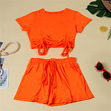 Casual Summer Solid Color Short Sleeve O Neck Drawstring Crop Tops Sports Slim Shorts Fitness 2 Piece Set FSX-272
