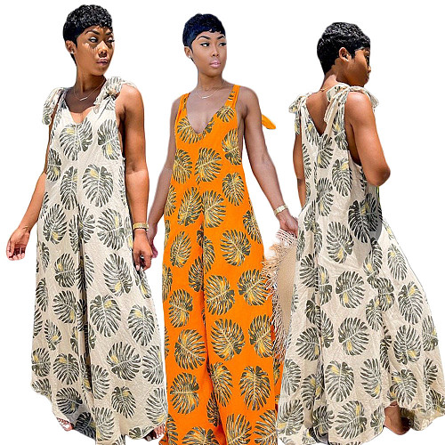 Women's Sleeveless Casual Floral Print Elegant Deep V Neck Boho Straps Loose Wide Leg Plus Size Summer Jumpsuit DY-6660