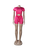 Casual Summer Solid Color Short Sleeve O Neck Drawstring Crop Tops Sports Slim Shorts Fitness 2 Piece Set FSX-272
