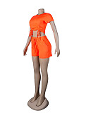 Casual Summer Solid Color Short Sleeve O Neck Drawstring Crop Tops Sports Slim Shorts Fitness 2 Piece Set FSX-272