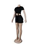 Casual Summer Solid Color Short Sleeve O Neck Drawstring Crop Tops Sports Slim Shorts Fitness 2 Piece Set FSX-272