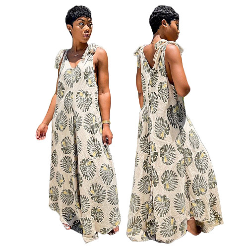 Women's Sleeveless Casual Floral Print Elegant Deep V Neck Boho Straps Loose Wide Leg Plus Size Summer Jumpsuit DY-6660