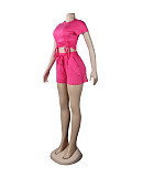 Casual Summer Solid Color Short Sleeve O Neck Drawstring Crop Tops Sports Slim Shorts Fitness 2 Piece Set FSX-272