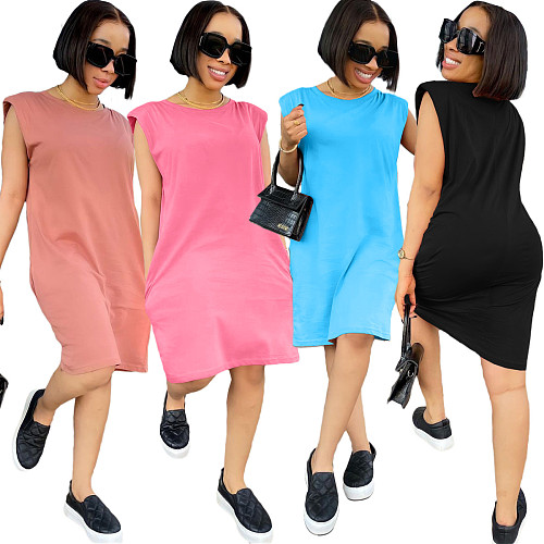 Hot Selling Elegant Women Solid Color O-Neck Sleeveless Shoulder Pads Bodycon Knee Length Dresses NIYA-8066
