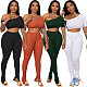 Summer Clothing Solid Color One Shoulder Short Sleeve Crop Top Stretchy Bodycon Long Pants Women 2 Piece Set WY-6734