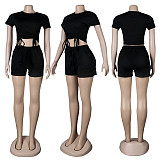 Casual Summer Solid Color Short Sleeve O Neck Drawstring Crop Tops Sports Slim Shorts Fitness 2 Piece Set FSX-272